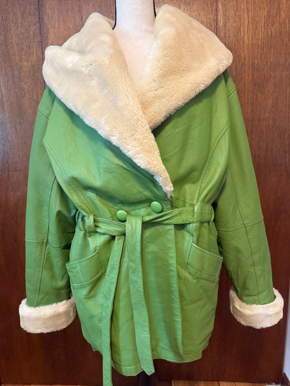RARE Vtg Leather/Faux Fur Lined USA GREEN Coat w/Hood Penny Lane Protocol Medium - Picture 1 of 16